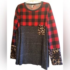 GRATEFUL HEARTS Woman’s Buffalo Plaid Leopard Print Cheetah Animal Print Top XXL